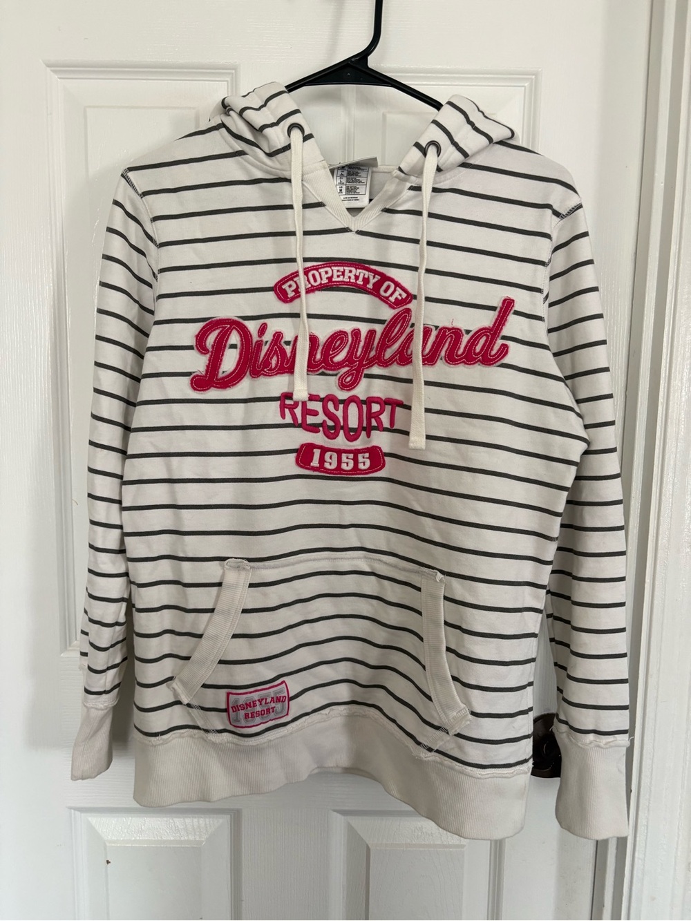 Disney Cream and Black Striped Crewneck Hoodie with Pink Embroidered Logo Medium